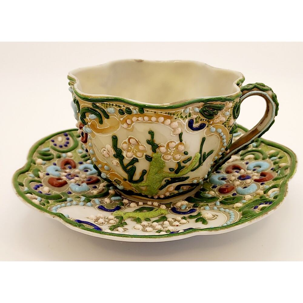 Vintage Lenwile Ardalt Floral Teacup And Saucer Set Raised Moriage Japanese